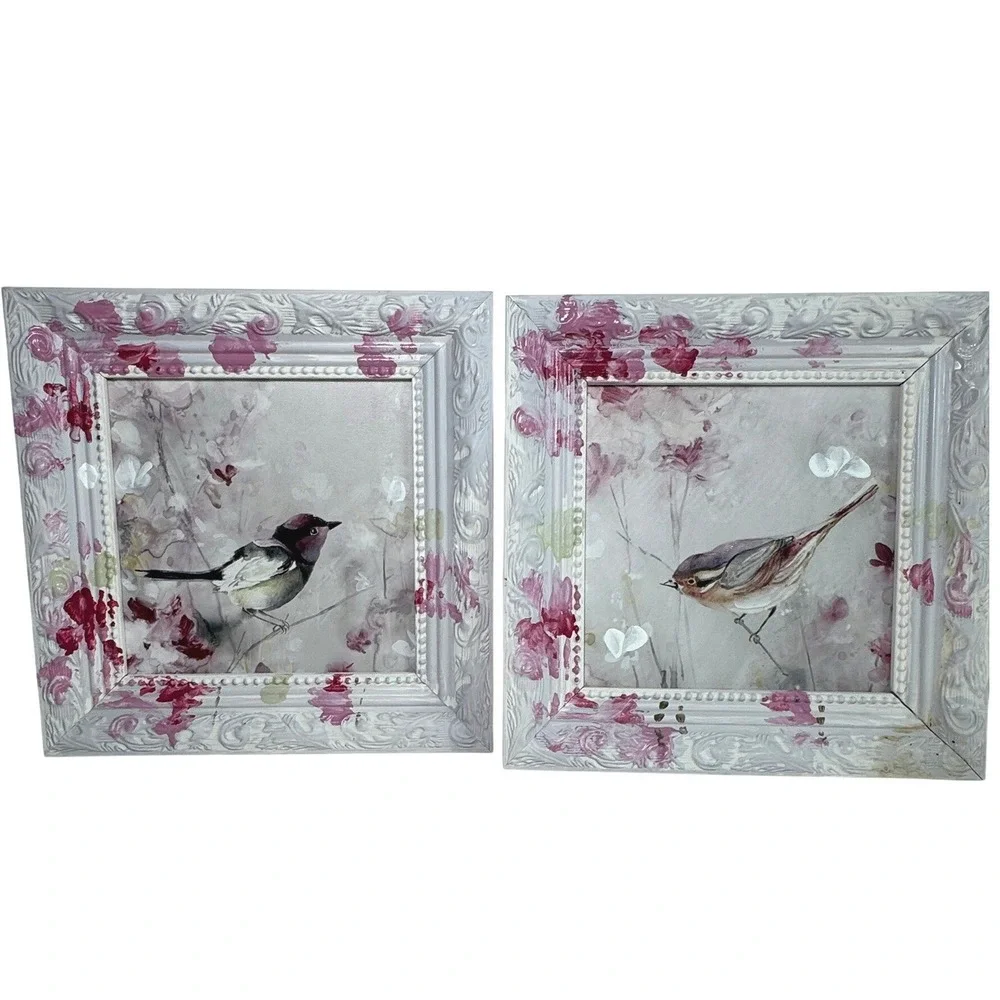 New View Gifts Bird Framed Wall Art Set of 2 Pink White Shabby Chic Floral 10x10